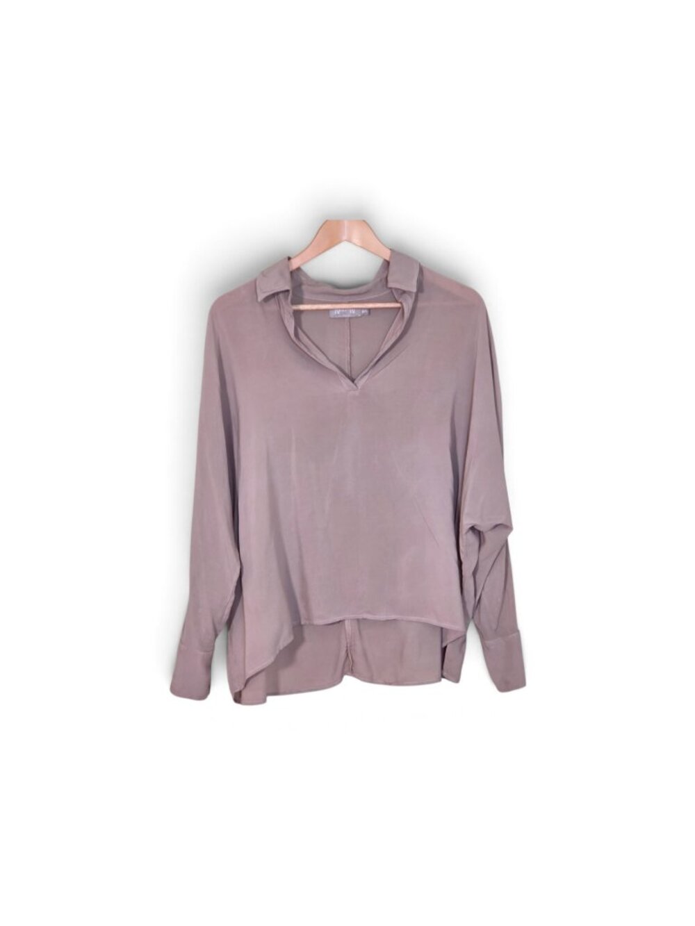Nation LTD Jen Menchaca Oversized Top OS Taupe Rayon Split Neck Blouse Lagenlook